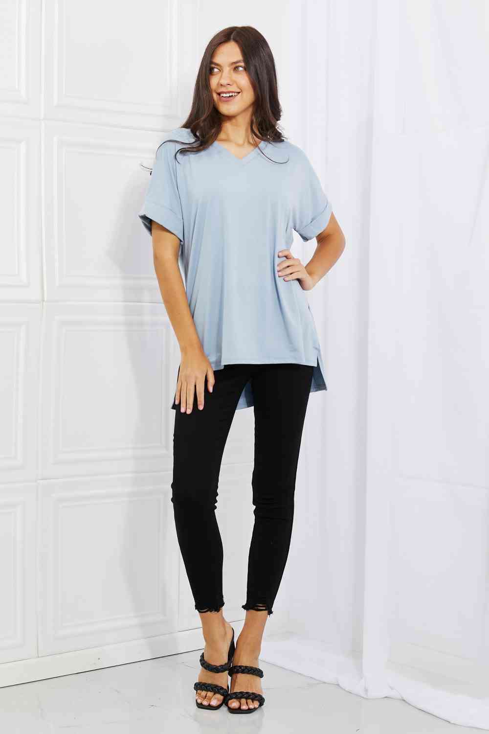 Zenana Simply Comfy Full Size V-Neck Loose Fit T-Shirt in Blue